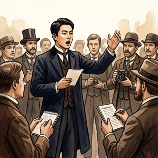 기자들 앞에서 연설하는 젊은 청년(이위종) (상상 삽화)