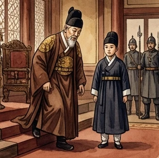 궁궐, 물러나는 고종과 새 황제 순종, 군인들 장면 (상상 삽화)