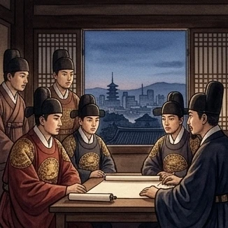 젊은 개화파 관리들, 멀리 일본의 근대화된 도시 풍경을 바라보는 모습 (상상 삽화)