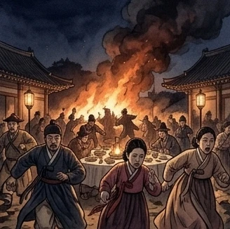 밤, 잔치 자리에 불길과 연기가 보이고 손님들이 놀라 흩어지는 장면 (상상 삽화)