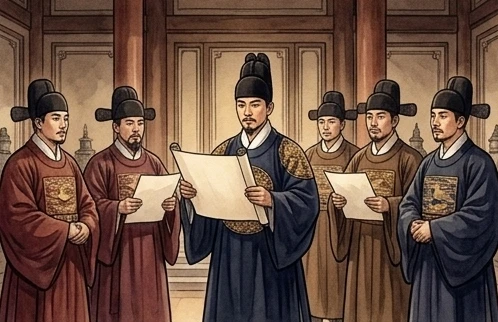 궁궐 안, 새 정부를 선포하는 개화파 인물들 (상상 삽화)