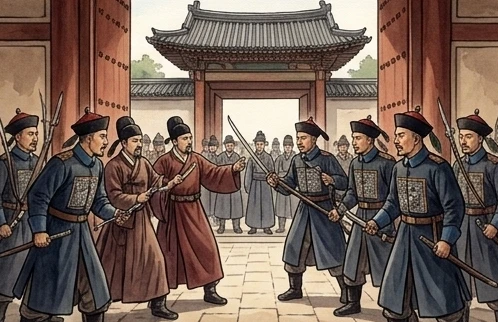 궁궐로 진입하는 청나라 군대와 맞서는 개화파 병력 (상상 삽화)