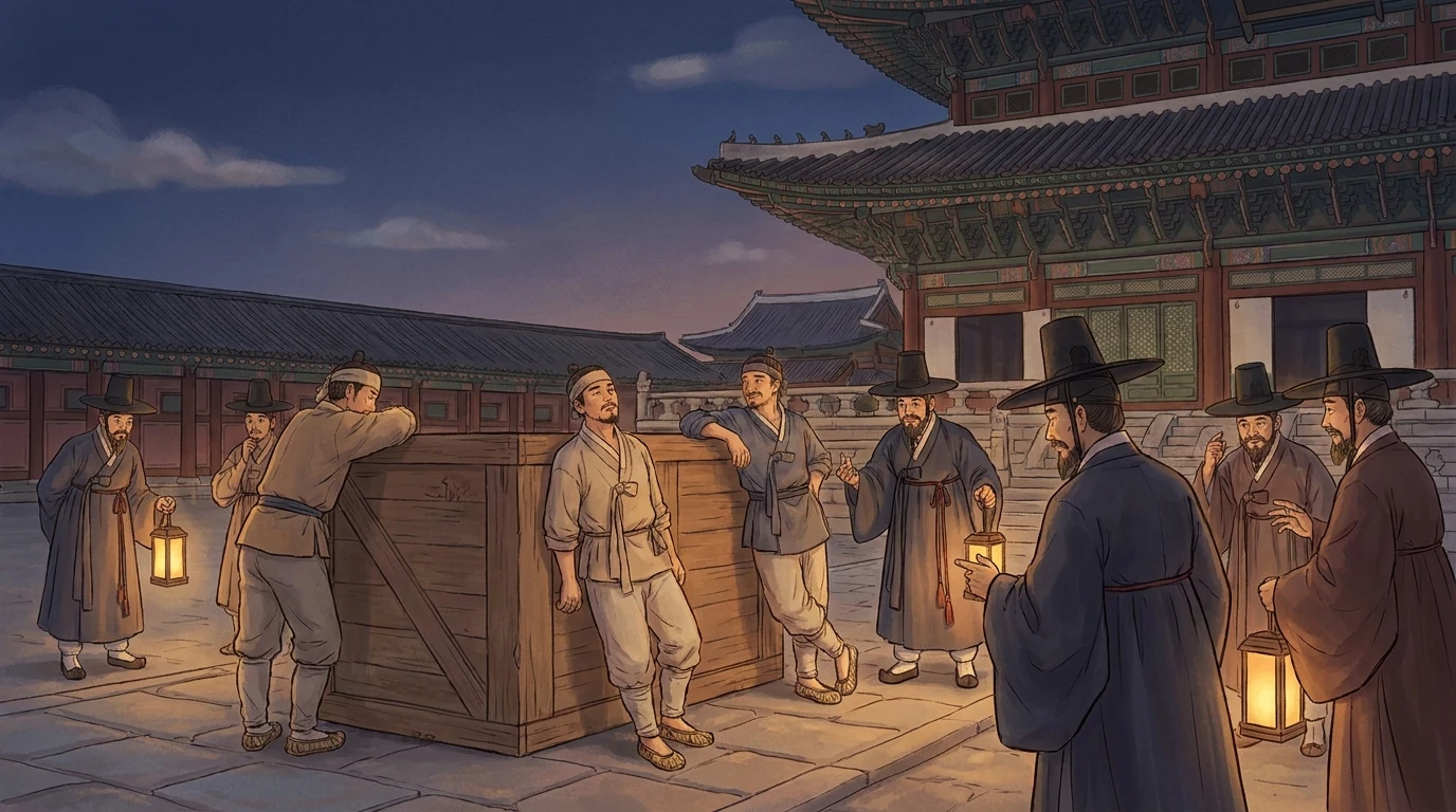 경복궁 마당에 나무 상자가 도착하고 관리들이 신기하게 쳐다보는 장면 (상상 삽화)