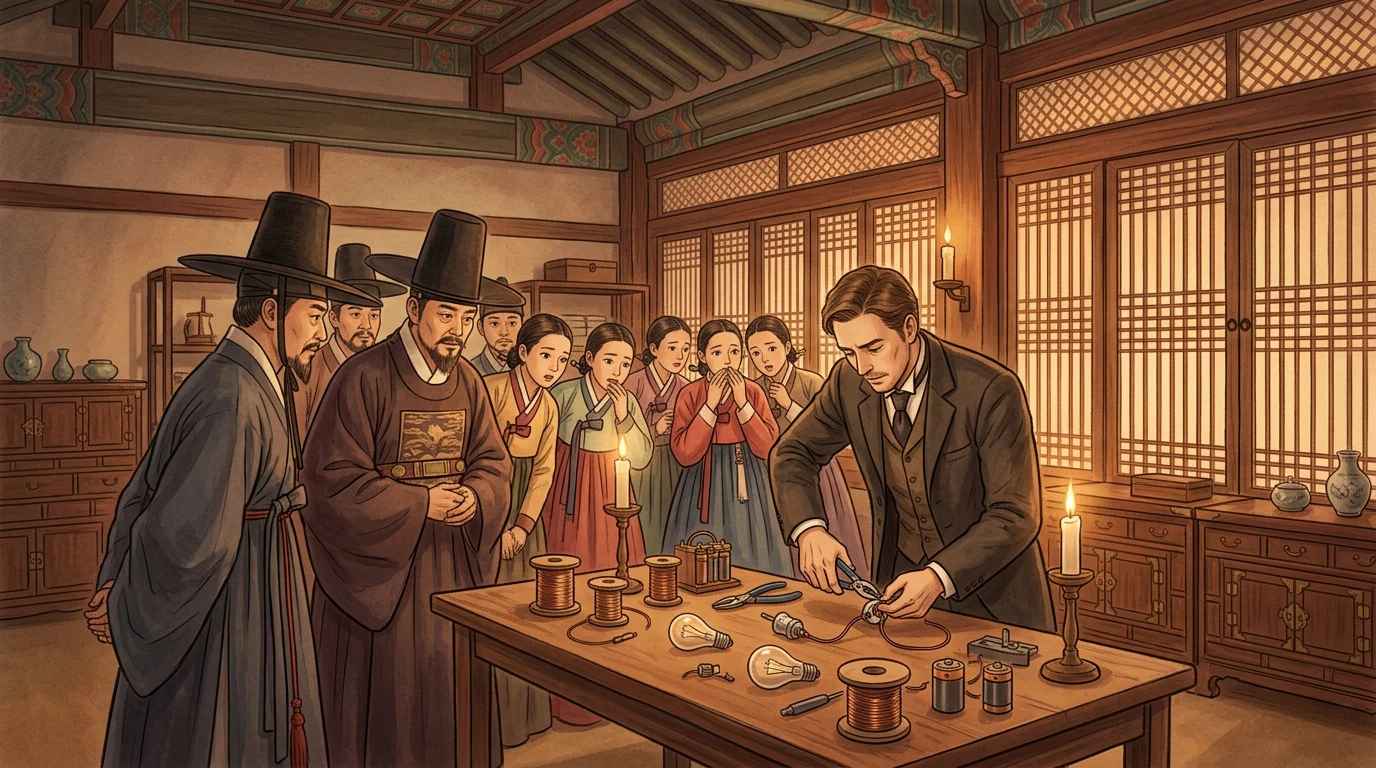 건청궁 안에서 미국인 기술자가 전선과 전구를 조립하고 관리들이 지켜보는 장면 (상상 삽화)