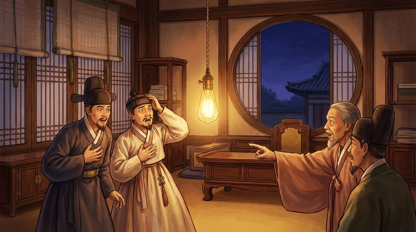 전등이 처음 켜지는 순간, 관리들이 놀라는 장면 (상상 삽화)