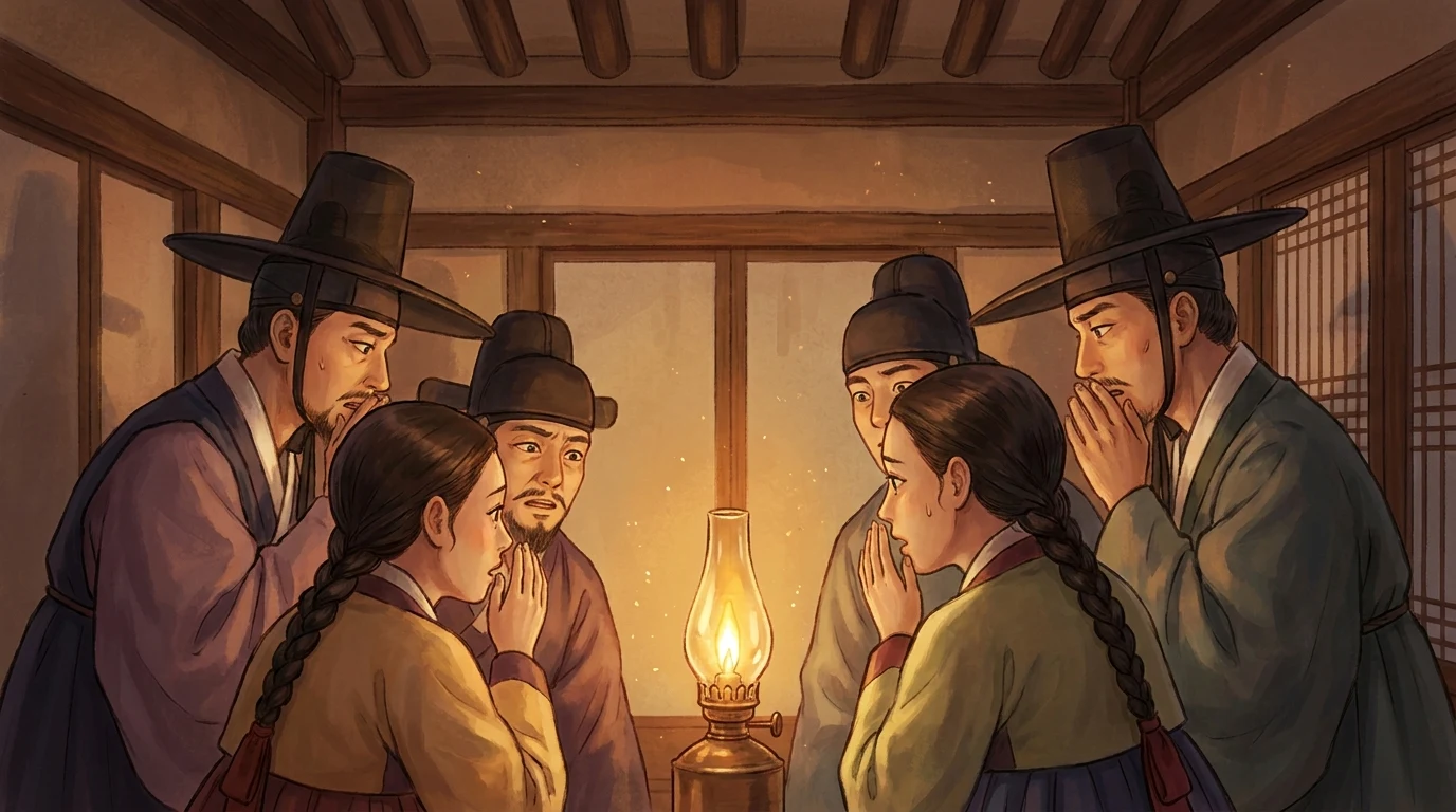 깜빡이는 전등 아래 사람들이 불안하게 수군거리는 장면 — '건달불' (상상 삽화)